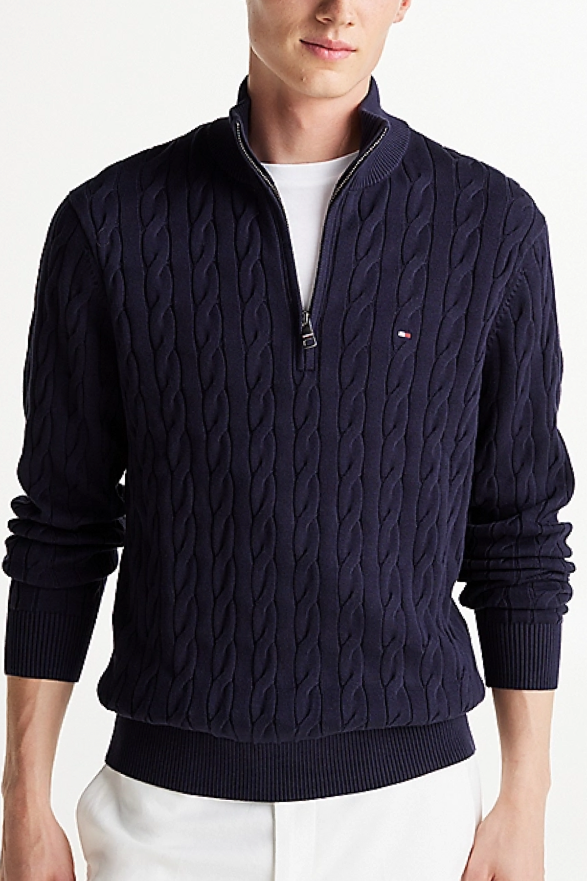 Tommy hilfiger pullover in maglia intrecciata con mezza zip desert