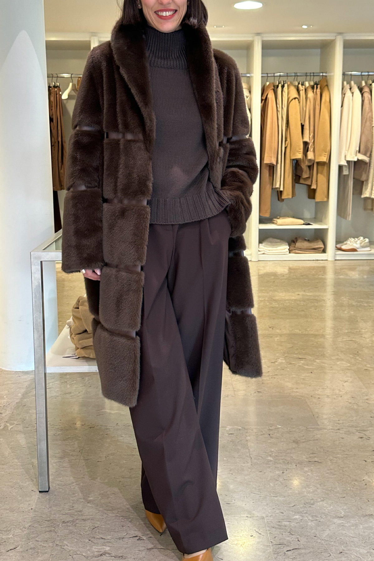 Twinset cappotto in faux fur con intarsi coffee chocolate